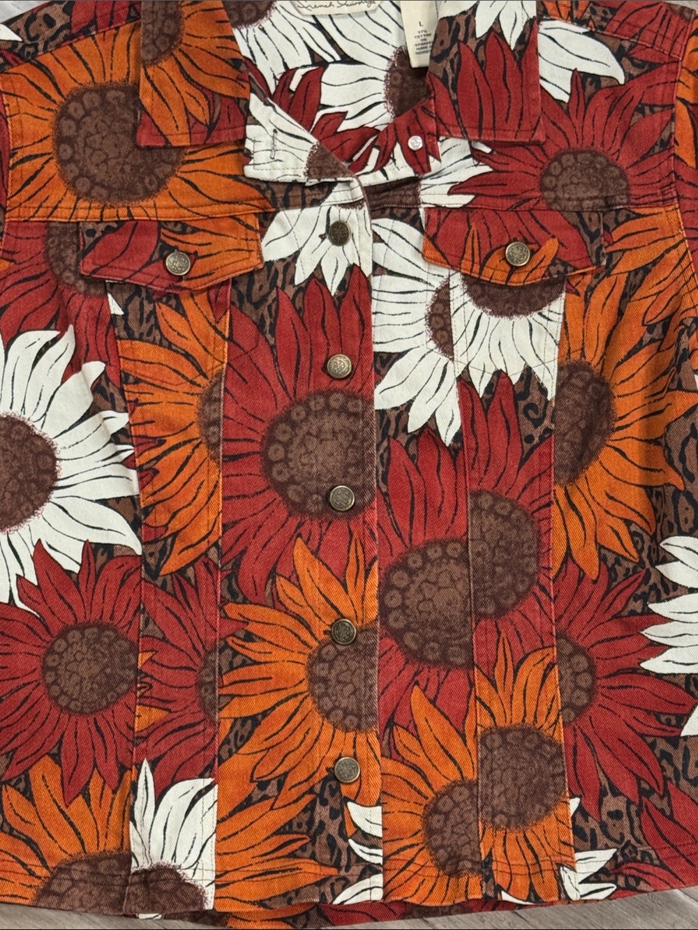 FRENCH LAUNDRY SUNFLOWER PRINT STRETCH DENIM JACKET BOHO SIZE LARGE - Picture 6 of 12